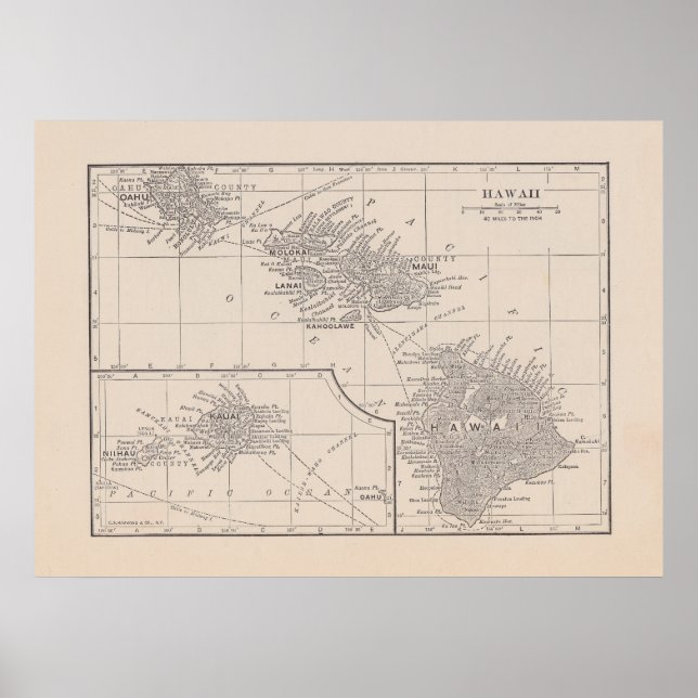 Vintage Karte von Hawaii Poster (Vorne)