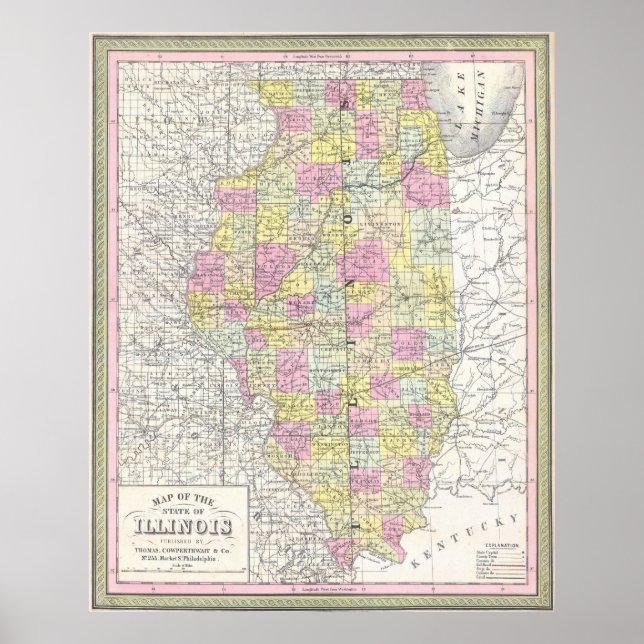 Vintage Karte von Illinois (1850) Poster (Vorne)