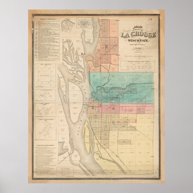 Vintage Karte von La Crosse WI (1874) Poster (Vorne)