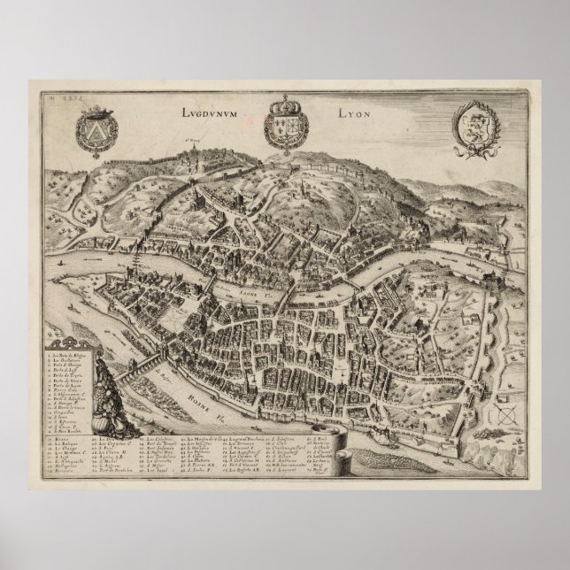 Vintage Karte von Lyon Frankreich (1600) Poster (Vorne)