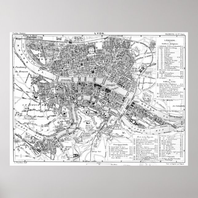 Vintage Karte von Lyon Frankreich (1888) BW Poster (Vorne)