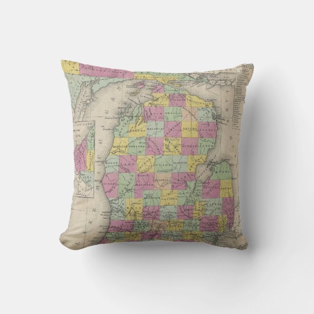Vintage Karte von Michigan (1853) Kissen (Vorderseite)