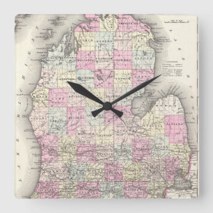 Vintage Karte von Michigan (1855) Quadratische Wanduhr