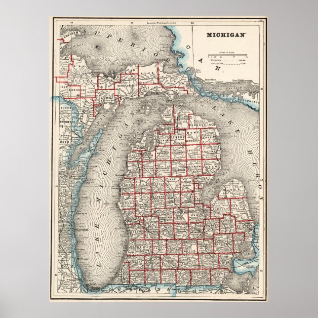 Vintage Karte von Michigan (1893) Poster (Vorne)