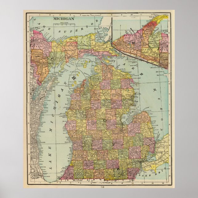 Vintage Karte von Michigan (1909) Poster (Vorne)