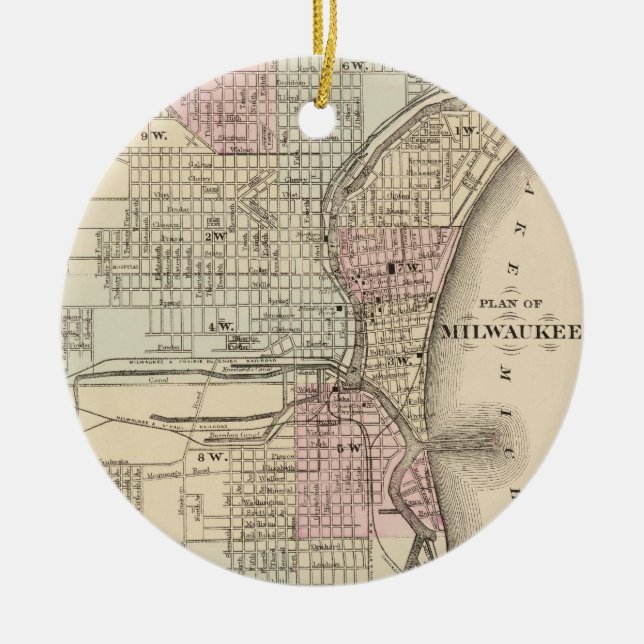 Vintage Karte von Milwaukee (1880) Keramik Ornament (Vorne)