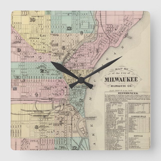 Vintage Karte von Milwaukee Wisconsin (1878) Quadratische Wanduhr (Vorderseite)