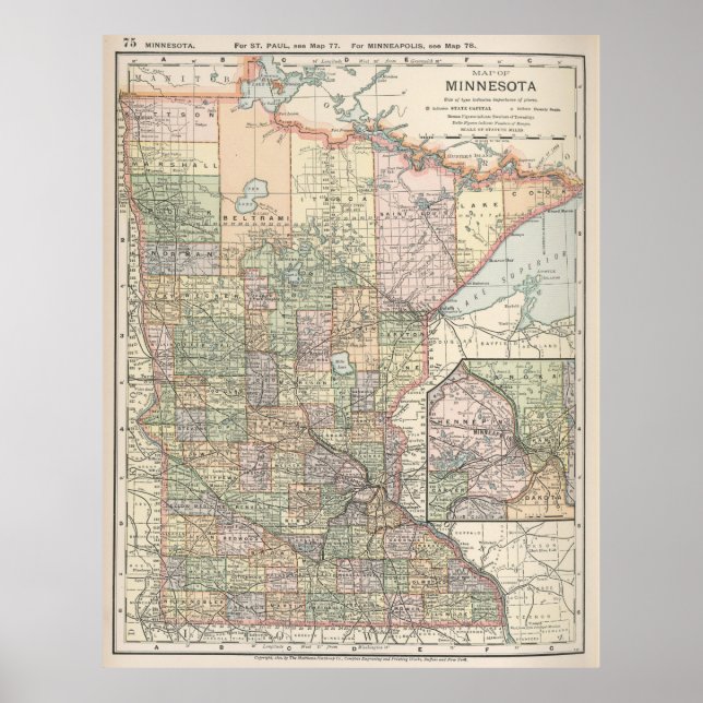 Vintage Karte von Minnesota (1891) Poster (Vorne)