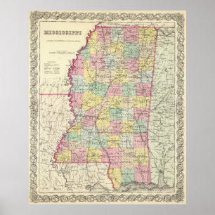 Vintage Karte von Mississippi (1856) Poster