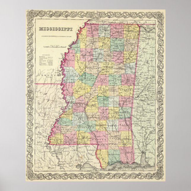 Vintage Karte von Mississippi (1856) Poster (Vorne)