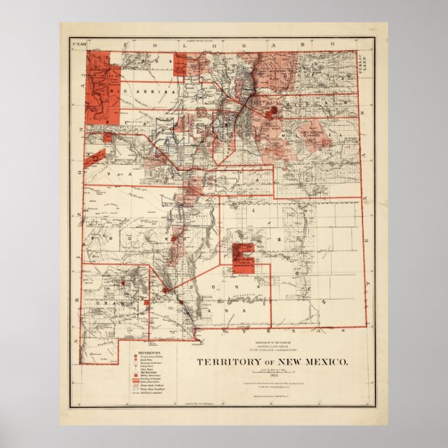 Vintage Karte von New Mexico (1882) Poster (Vorne)
