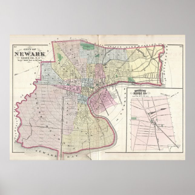Vintage Karte von Newark NJ (1872) Poster (Vorne)
