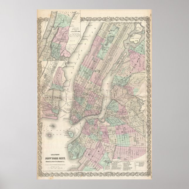 Vintage Karte von NYC und Brooklyn (1865) Poster (Vorne)