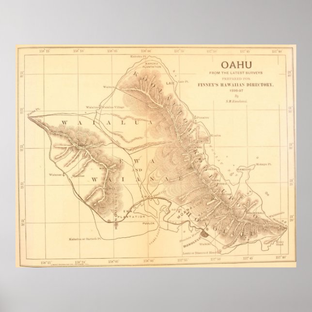 Vintage Karte von Oahu Hawaii (1901) Poster (Vorne)