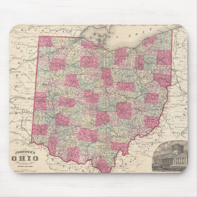 Vintage Karte von Ohio (1864) Mousepad (Vorne)