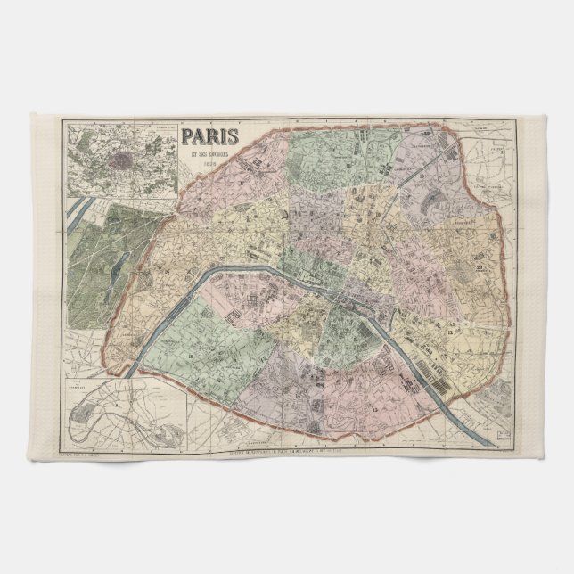 Vintage Karte von Paris 1878 Geschirrtuch (Horizontal)