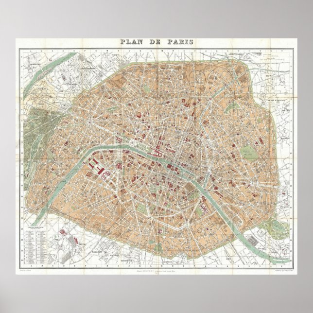 Vintage Karte von Paris (1892) Poster (Vorne)