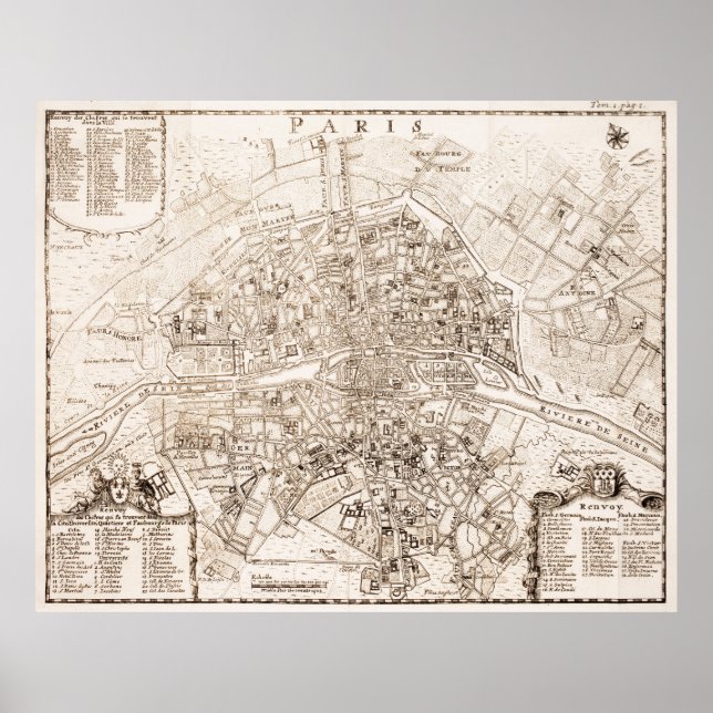 Vintage Karte von Paris Frankreich (1742) Poster (Vorne)