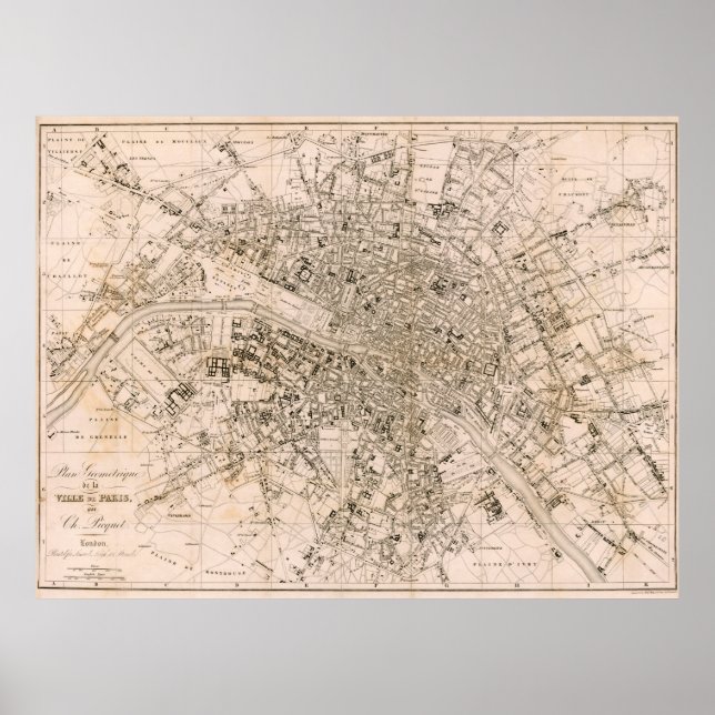 Vintage Karte von Paris Frankreich (1825) Poster (Vorne)