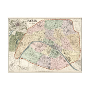 Vintage Karte von Paris Frankreich Von 1878 Leinwanddruck