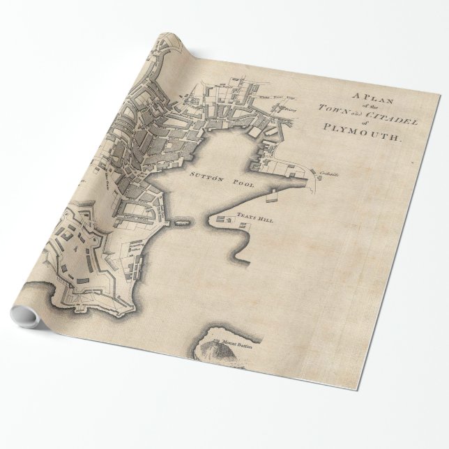 Vintage Karte von Plymouth England (1765) Geschenkpapier (Ungerollt)