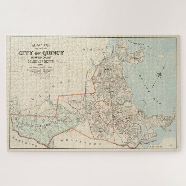Vintage Karte von Quincy MA (1907) (Horizontal)