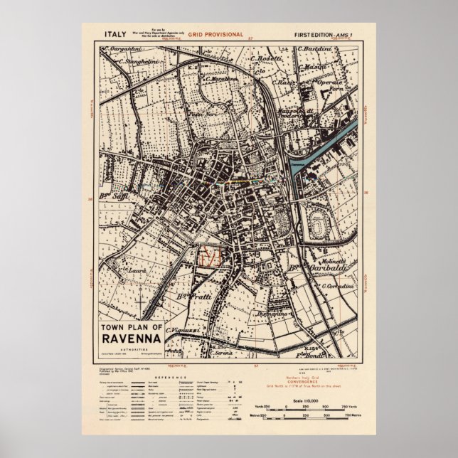 Vintage Karte von Ravenna Italien (1943) Poster (Vorne)