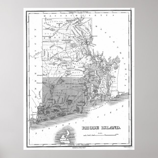 Vintage Karte von Rhode Island (1827) BW Poster (Vorne)