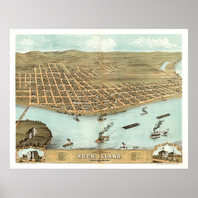Vintage Karte von Rock Island IL (1869) Poster (Vorne)