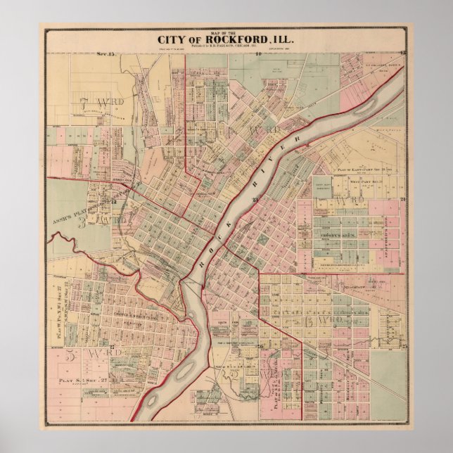 Vintage Karte von Rockford IL (1886) Poster (Vorne)
