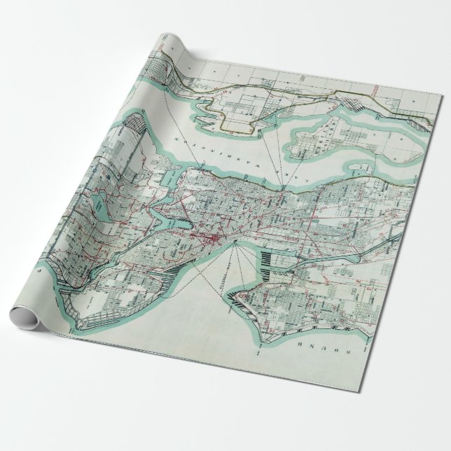 Vintage Karte von Seattle Washington Geschenkpapier (Ungerollt)