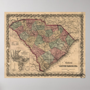 Vintage Karte von South Carolina (1865) Poster