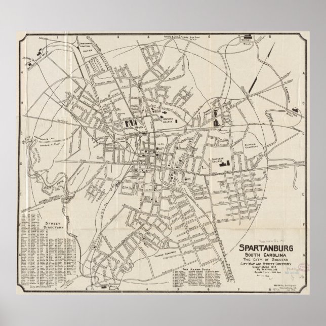 Vintage Karte von Spartanburg SC (1918) Poster (Vorne)