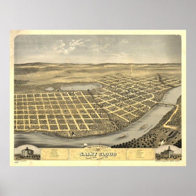 Vintage Karte von St Cloud MN (1869) Poster (Vorne)