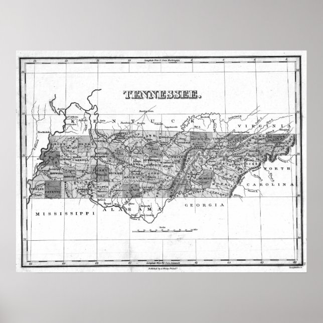 Vintage Karte von Tennessee (1827) BW Poster (Vorne)