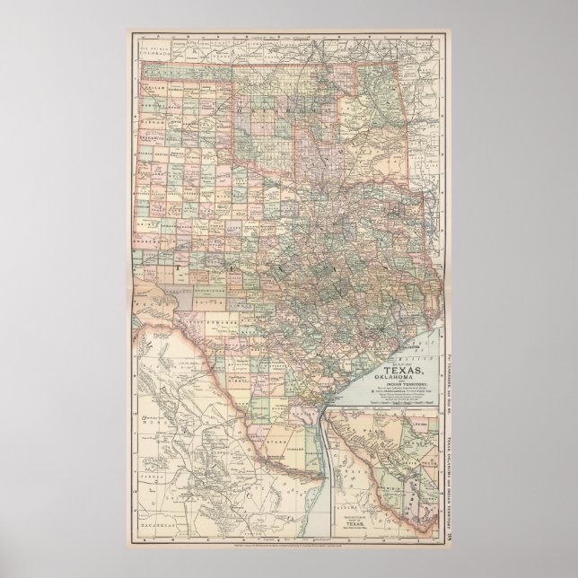 Vintage Karte von Texas und Oklahoma (1891) Poster (Vorne)