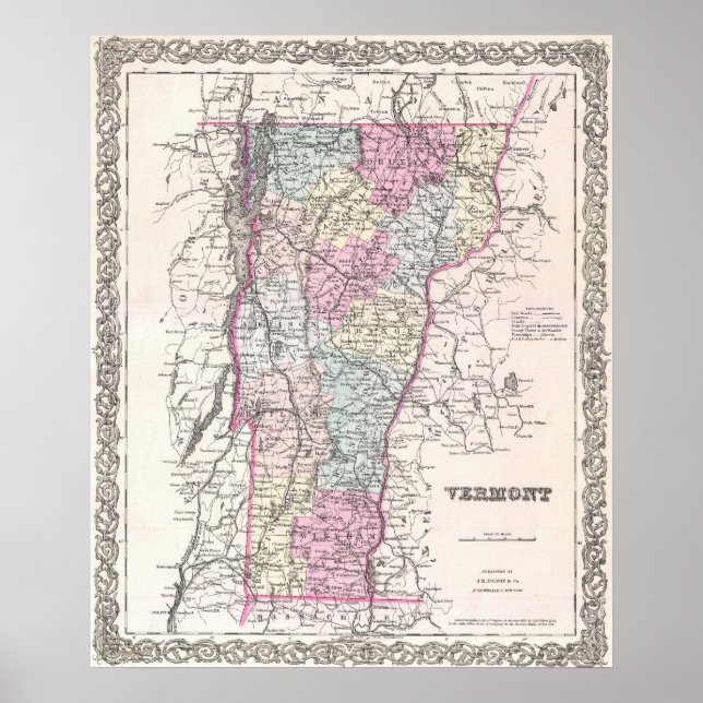 Vintage Karte von Vermont (1855) Poster (Vorne)