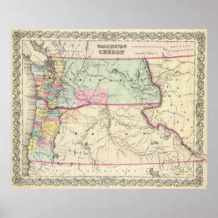 Vintage Karte von Washington und Oregon (1856) Poster