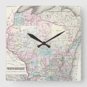 Vintage Karte von Wisconsin (1855) Quadratische Wanduhr
