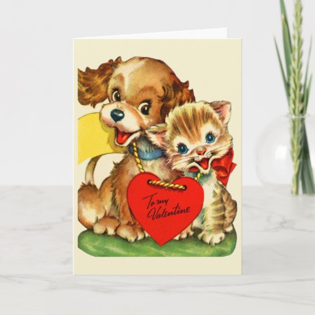 Vintage Karte Welpeund Kätzchenvalentines Tages (Vorderseite)