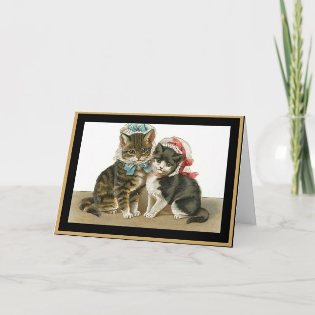 Vintage Kartenkatzenkatzen mit Hasen Karte (Vorderseite)