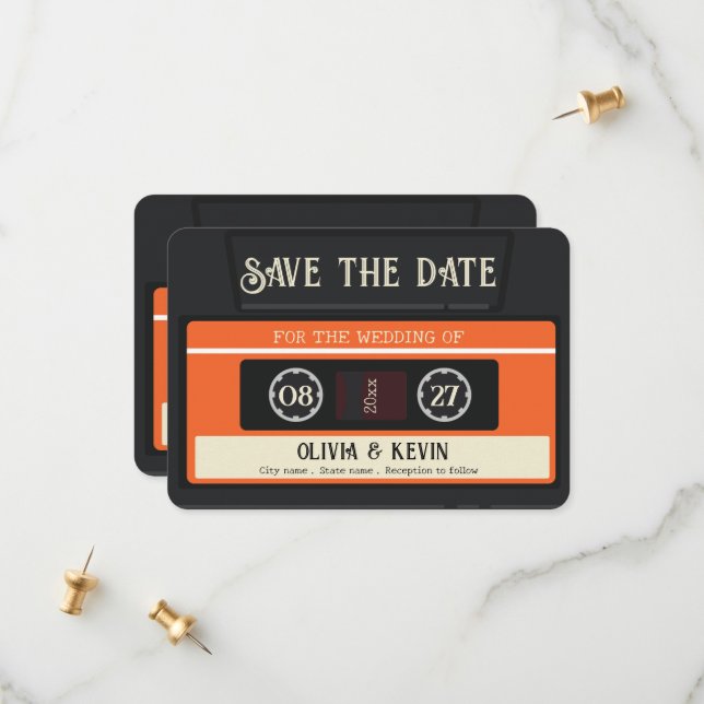 Vintage Kassettenhochzeit Save The Date (Vorderseite/Rückseite Beispiel)