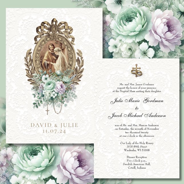 Vintage katholische Hochzeitskirche Mint Lavender Einladung (Von Creator hochgeladen)