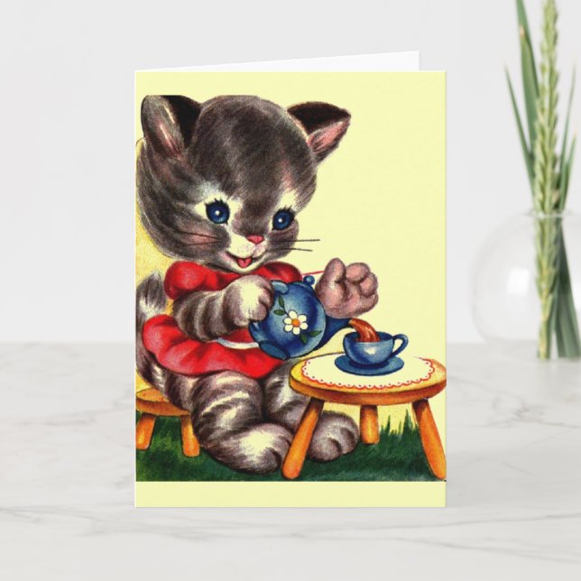Vintage Kätzchen-Tee-Party-Gruß-Karte Karte (Vorderseite)