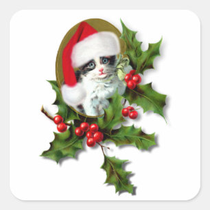 Vintage-Kätzchen-Weihnachten Quadratischer Aufkleber