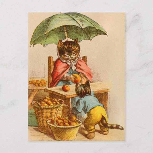 Vintage Katze an einem Obststand Postkarte (Vorderseite)