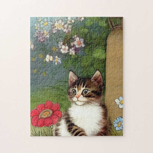 Vintage Katze-Illustration mit Frühlingsblumen (Vertikal)