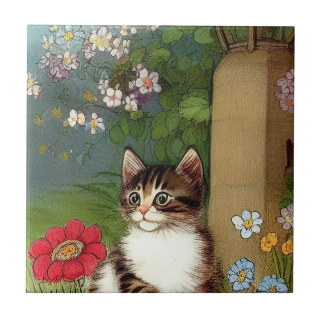Vintage Katze-Illustration mit Frühlingsblumen Fliese (Vorderseite)