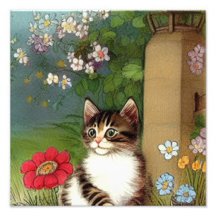 Vintage Katze-Illustration mit Frühlingsblumen Fotodruck