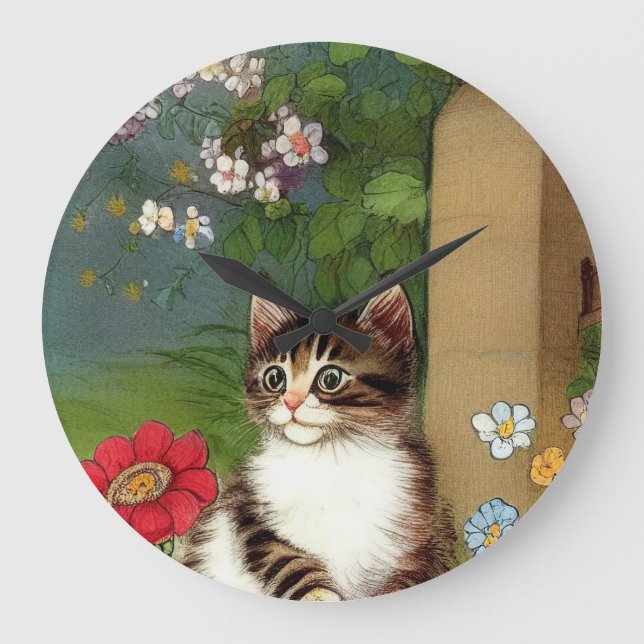 Vintage Katze-Illustration mit Frühlingsblumen Große Wanduhr (Vorderseite)